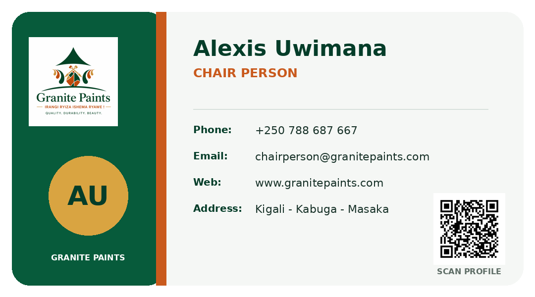 Business card for Alexis Uwimana